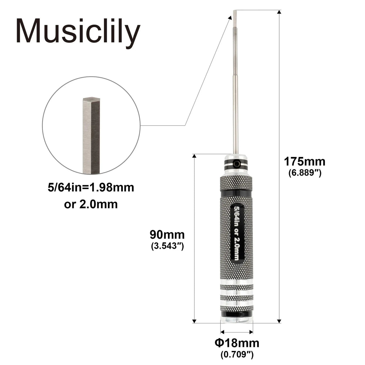 Musiclily Pro High Speed Steel 5/64 Inch or Metric 2mm Hex Screwdriver Hex Key Wrench for Guitar Bass Bridge Saddles or Knobs Adjustment