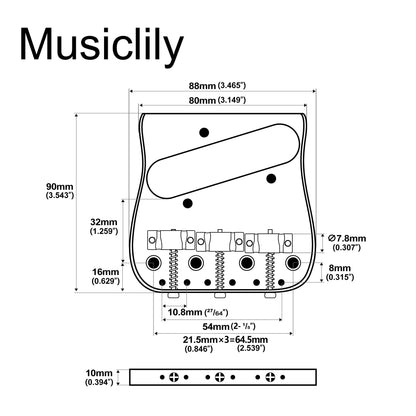 Musiclily Ultra BT014 Left-Handed 54mm(2-1/8 inch) String Spacing Full Solid Brass Plate with Compensated 3-Saddle Curved Tele Style Guitar Bridge