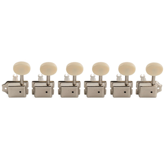 Musiclily Pro R15J-26 Left-Handed Vintage 6-in-line 15:1 Ratio Semi Closed Split Shaft Machine Heads Tuners Tuning Peg Keys for Fender Squier Strat Tele Style Guitar with Off-White Oval Button