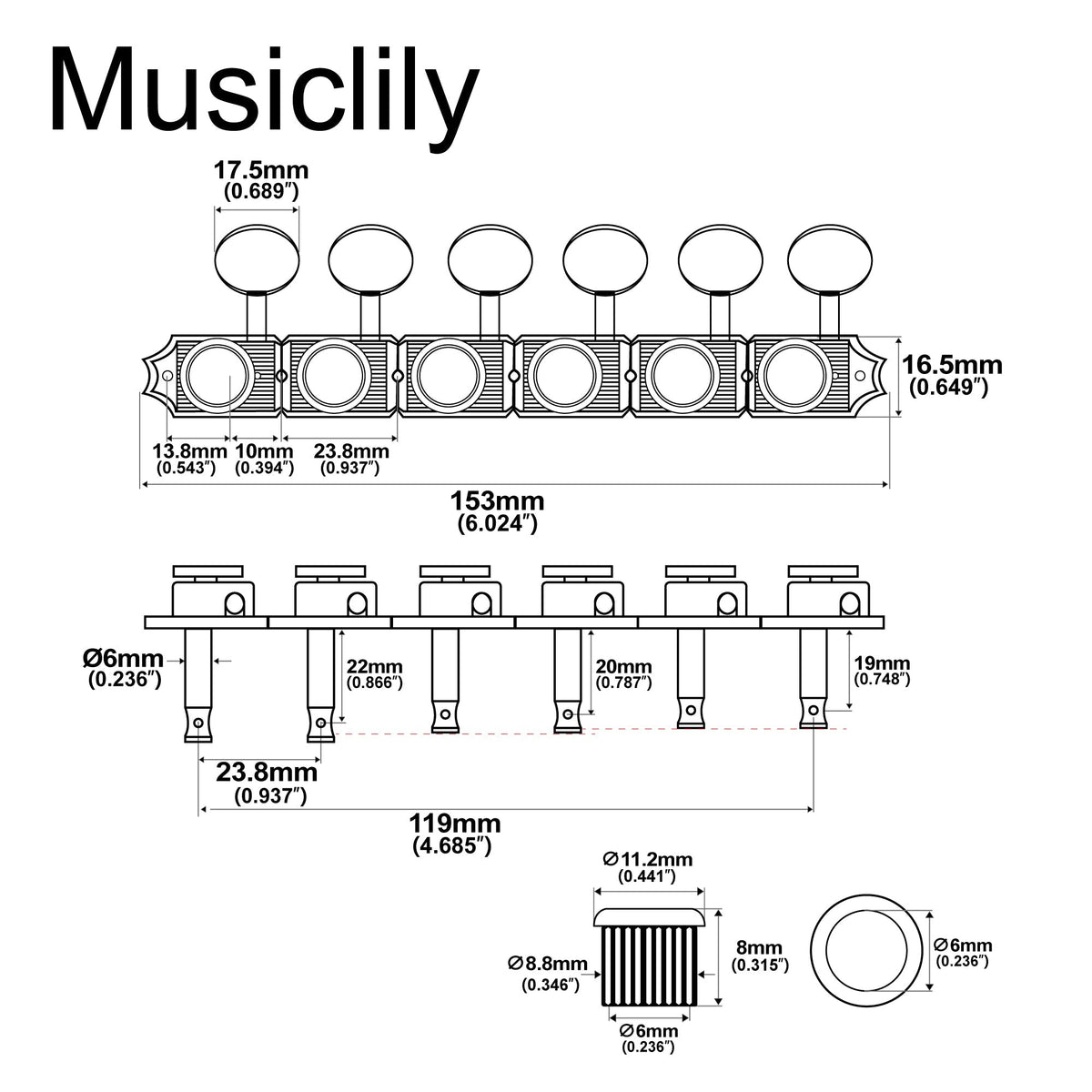 Musiclily Ultra R18T-13 Left-Handed 6-in-line 18:1 Ratio Semi Closed Vintage Hybrid Staggered Locking Machine Heads Tuners with Oval Button for Fender SQ Strat Tele Style Electric Guitar