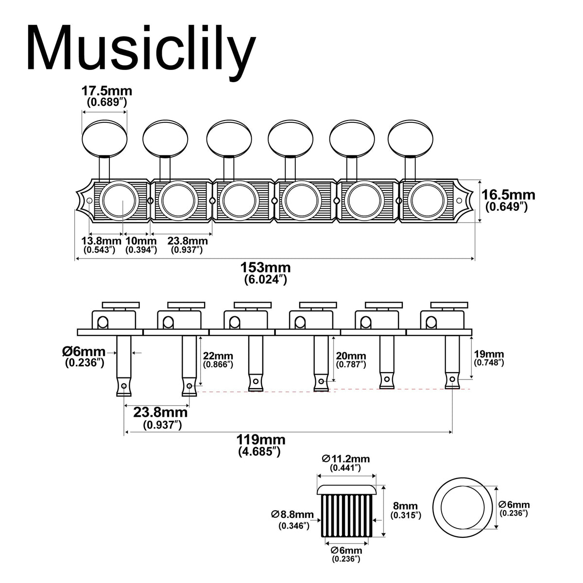 Musiclily Ultra R18T-14 6-in-line 18:1 Ratio Semi Closed Vintage Hybrid Style Staggered Locking Machine Heads Tuners with Oval Button for Fender Squier Strat Tele Style Electric Guitar