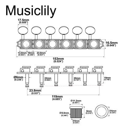 Musiclily Ultra R18T-14 6-in-line 18:1 Ratio Semi Closed Vintage Hybrid Style Staggered Locking Machine Heads Tuners with Oval Button for Fender Squier Strat Tele Style Electric Guitar